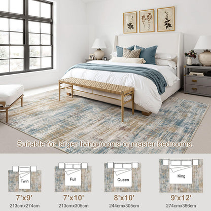UERMEI 8x10 Washable Area Rug for Living Room: Modern Neutral Abstract Large Soft Low Pile Carpet Non-Slip Pet Kids Friendly Indoor Decor for Bedroom Dining Room Home Office Nursery Blue Brown