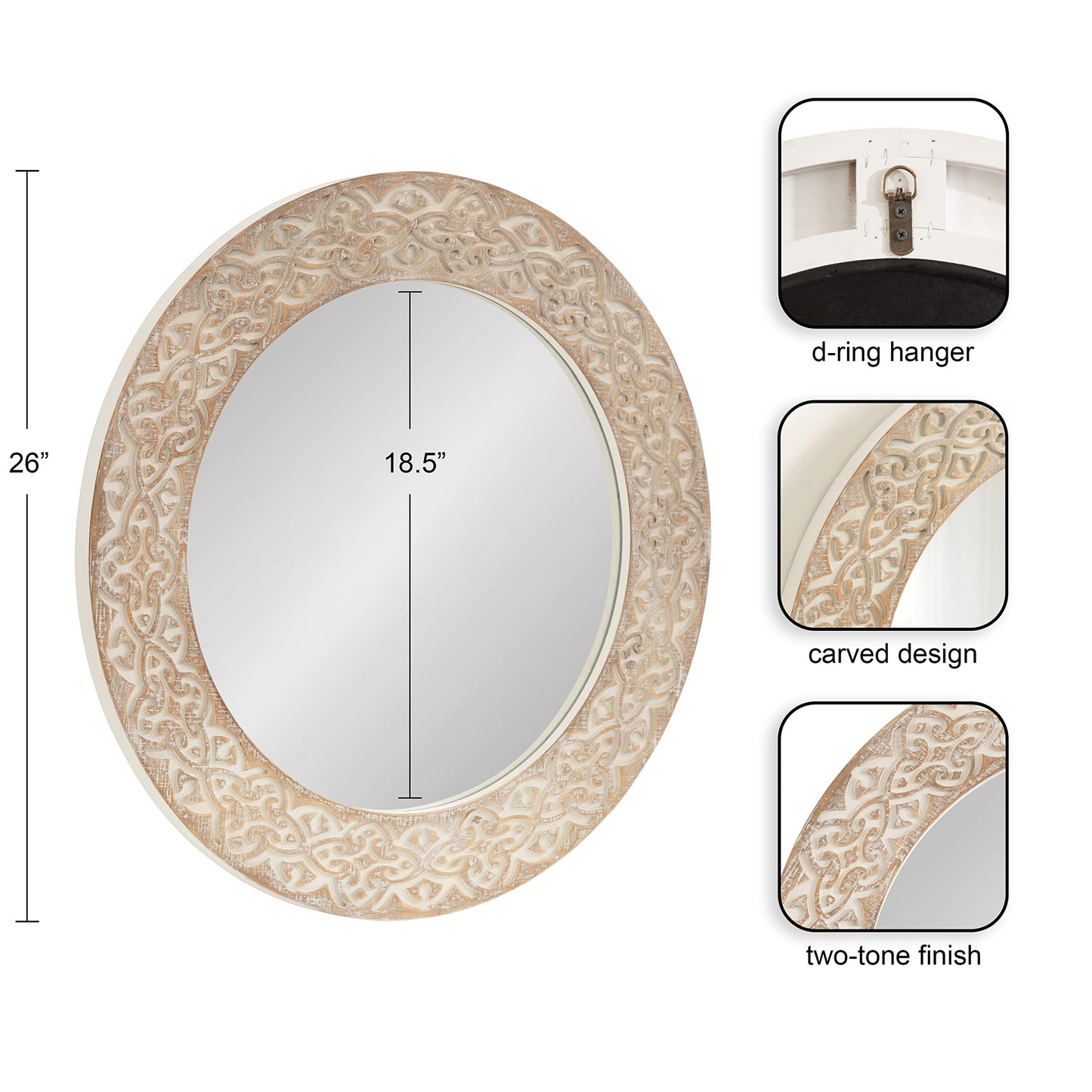 Kate and Laurel Engrahm Rustic Engraved Wooden Round Mirror, 26 Inch Diameter, Rustic Brown and White, Modern Farmhouse Distressed Circle Mirror for Use as Bathroom Mirror for Over Sink