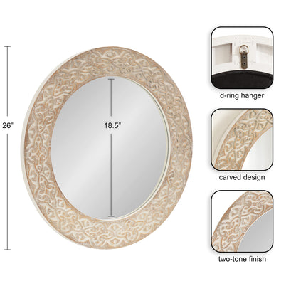 Kate and Laurel Engrahm Rustic Engraved Wooden Round Mirror, 26 Inch Diameter, Rustic Brown and White, Modern Farmhouse Distressed Circle Mirror for Use as Bathroom Mirror for Over Sink