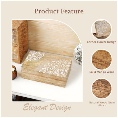 Ajuny Wooden Handmade Decorative Jewelry Storage Box Corner Flower Design Multipurpose Treasure Chest Keepsake Organizer Necklaces Bracelet Watch Boxes Gifts 8x5 Inch