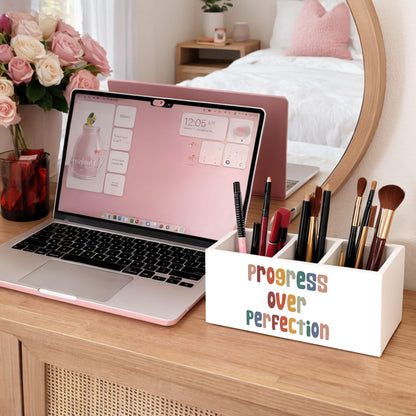 GGED Progress Over Perfection Pen Holder, Motivational Desk Organizer, 3 Compartments Wooden Pencil Caddy for Office, Home, Classroom