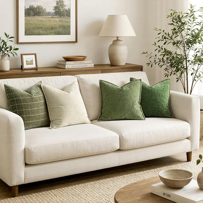 MIULEE Pack of 2 Couch Throw Pillow Covers 22x22 Inch Sage Green Farmhouse Decorative Pillow Covers with Stitched Edge Soft Chenille Solid Dyed Summer Pillow Covers for Sofa Bed Living Room