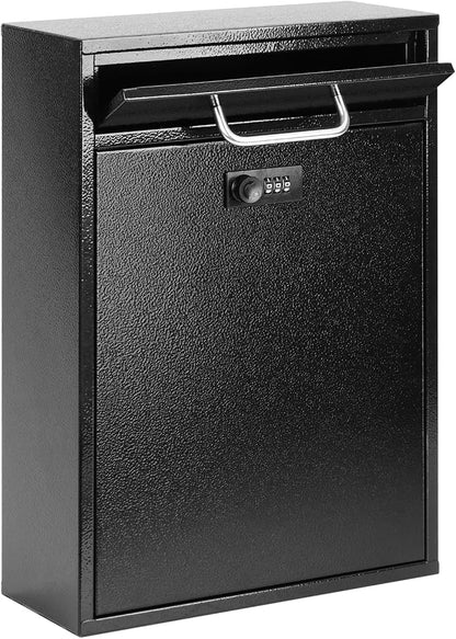 KYODOLED Wall Mount Mailbox for Outside, Combination Lock, X Large, Black | Sturdy Steel, Anti-theft Large Drop Box, Ideal for Home, Office, School Daily Mail/Key/Cash Storage, 16.2H" x 11.2L" x 4.6W"