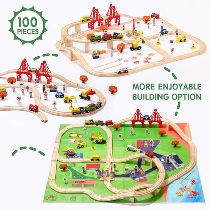 KiToyWod 100 Pcs Wooden Train Track Set, Toy Train with Tracks for Kids Ages 3-10, Compatible with Major Brands, Railway Playset for Boys and Girls Birthday Gift