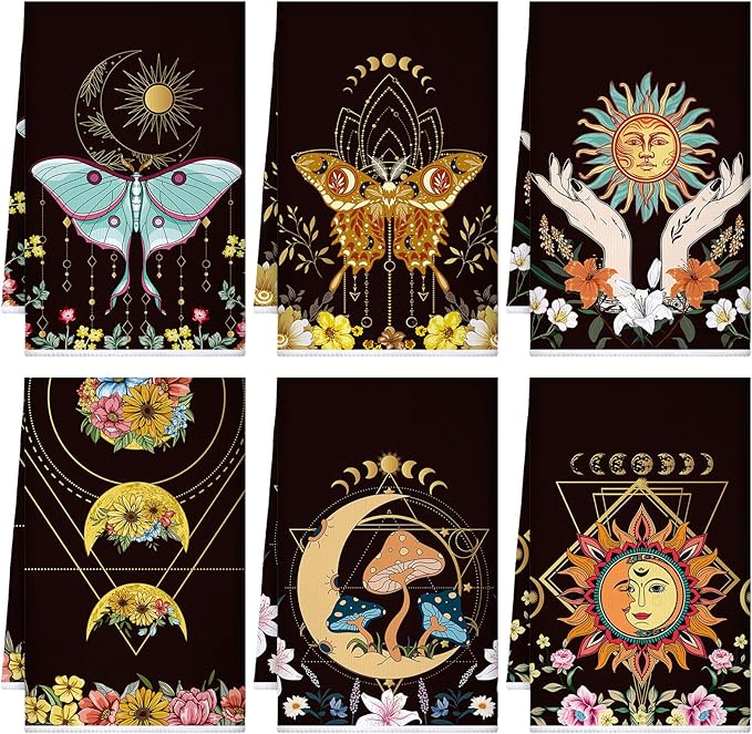 Boyiee Set of 6 Witchy Kitchen Towels Boho Tea Towels Absorbent Mushroom Floral
