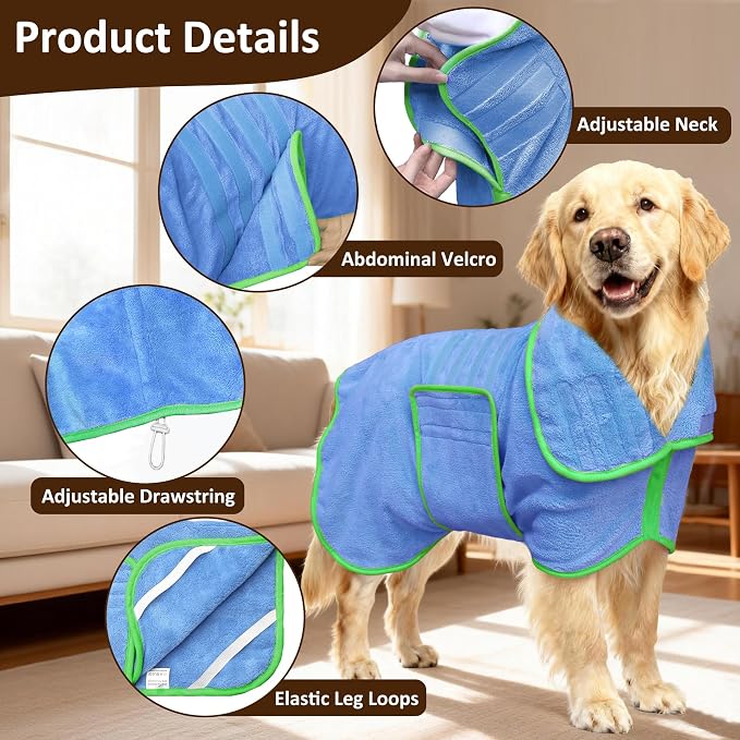 Soft Dog Bathrobe Fast Drying Dog Coat, Super Absorbent Dog Towels for After Bath, Microfiber Pet Robe Adjustable Collar & Belly Warm Keeping Dogs Coat for Pet Dogs & Cats (Blue, X-Large)