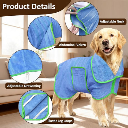 Soft Dog Bathrobe Fast Drying Dog Coat, Super Absorbent Dog Towels for After Bath, Microfiber Pet Robe Adjustable Collar & Belly Warm Keeping Dogs Coat for Pet Dogs & Cats (Blue, X-Large)