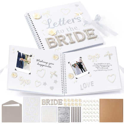 WATINC Letters to The Bride Scrapbook Kit - 8x8 Inch DIY Wedding Photo Album Guest Book for Bridal Shower Bachelorette Party, Beige Memory Book with 3D Flower Bow Envelopes Pearl Letters Stickers