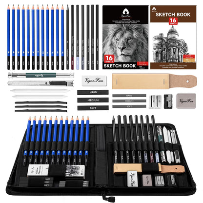 VigorFun Art Supplies, Sketching & Drawing Pencils Art Kit with 2 Sketch Pads, Professional Artists Drawing Supplies Set Includes Graphite, Charcoals, Kneaded Eraser for Adults (42 Pieces)