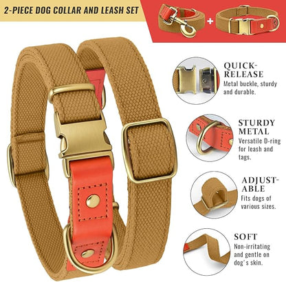 Nylon Dog Leash and Collar Set with Metal Quick Release Buckle, Adjustable, Durable High-Density Fabric, Breathable, Soft and Comfortable, No Pull for Walking and Training, Khaki, XL (16.9"-26")