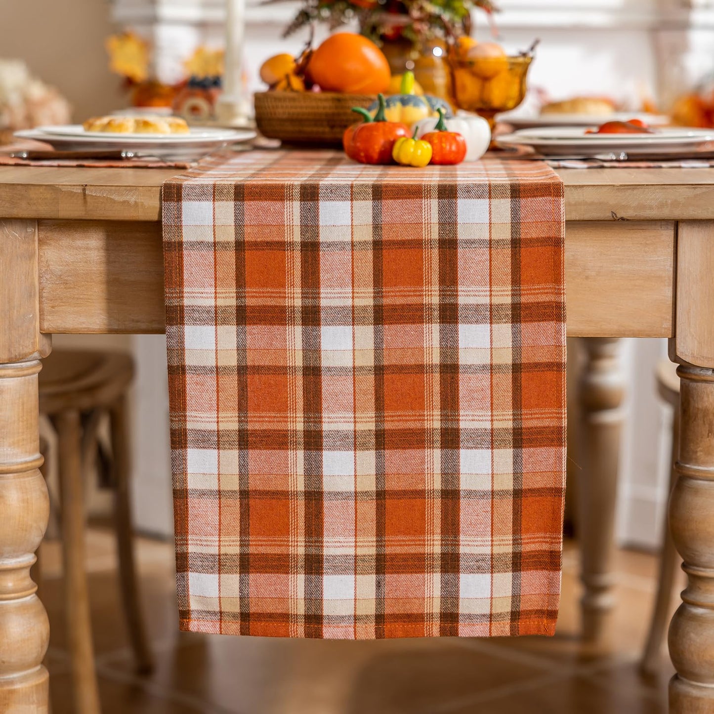 Joyfol Day Thanksgiving Rust Tartan Table Runner - 13x90 Inch Fall & Halloween Decor, Scratch-Proof Washable Plaid Table Decoration for Dining/Kitchen Buffet