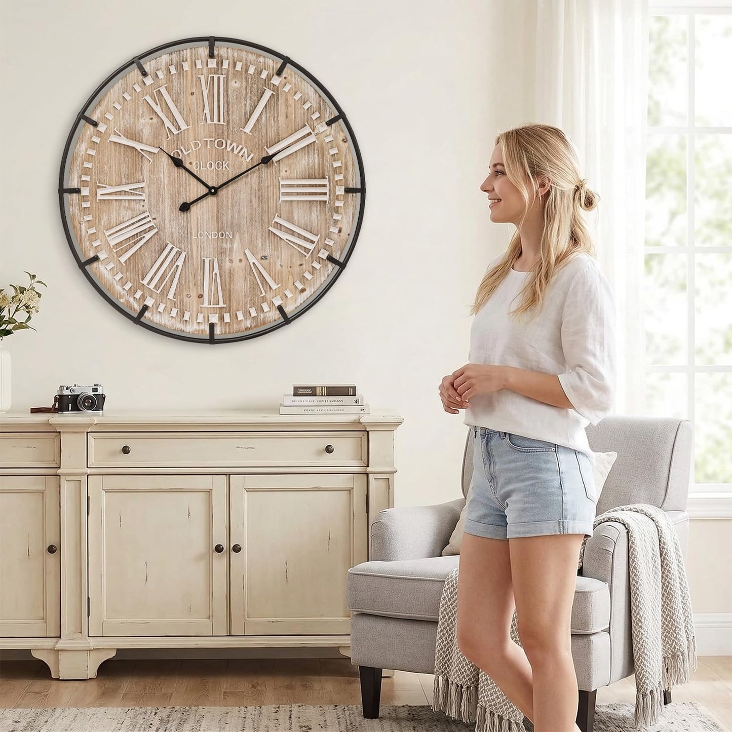 EMAX HOME 30 Inch Extra Large Wall Clock - Farmhouse Rustic Wood & Metal Design Silent Non-Ticking Battery Operated Decorative Oversized Clock for Living Room, Kitchen, Office & Bedroom