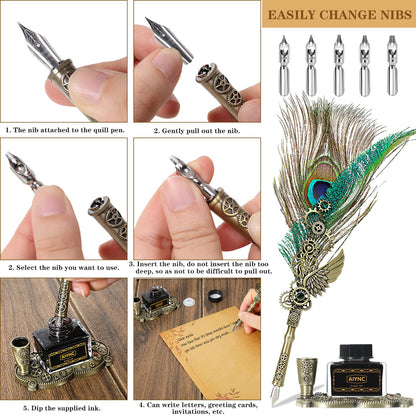 AIYNC Quill Pen and Ink Set, With Notebook Wax Seal Stamp Kit, Calligraphy Set for Writing Lovers, Valentine's Day and Birthday Gifts, Ideal for Holidays(Peacock Feather)