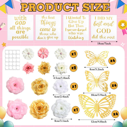 Knitgrip 31 Pcs DIY Graduation Cap Decorations Kit Faux Flower Heads 3D Butterfly Stickers Graduation Quotes Glitter Decals for Grad Hat Topper Graduations Party Supplies(Pink, White, Gold)