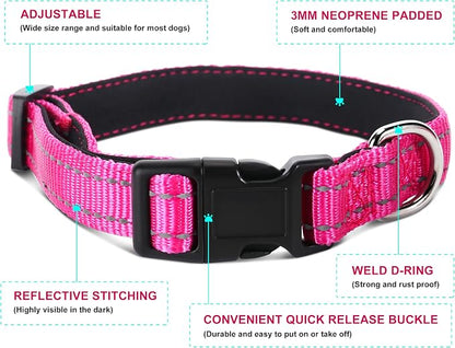 Soft Neoprene Padded Dog Collar and Leash Set for Small Medium Large Dogs, Reflective Durable Nylon Dog Collar with 5ft Leash Easy for Walking, Hot Pink,Neck fit 14.0-23.5’’