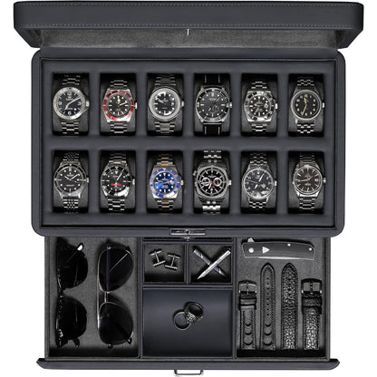 ROTHWELL Luxury Watch Box for 12 Watches – PU Leather Watch Box with Real Glass Lid – Slide out Accessory Drawer with Multiple Compartments (Carbon)