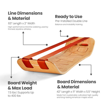 GIBBON SlackBoard Plus - 2-in-1 Slackline Balance Board for Adults - Workout Equipment Home Gym Training - Slack Board Wooden Balance Trainer - Standing Desk Exercise, Yoga, Agility, Pilates, Core