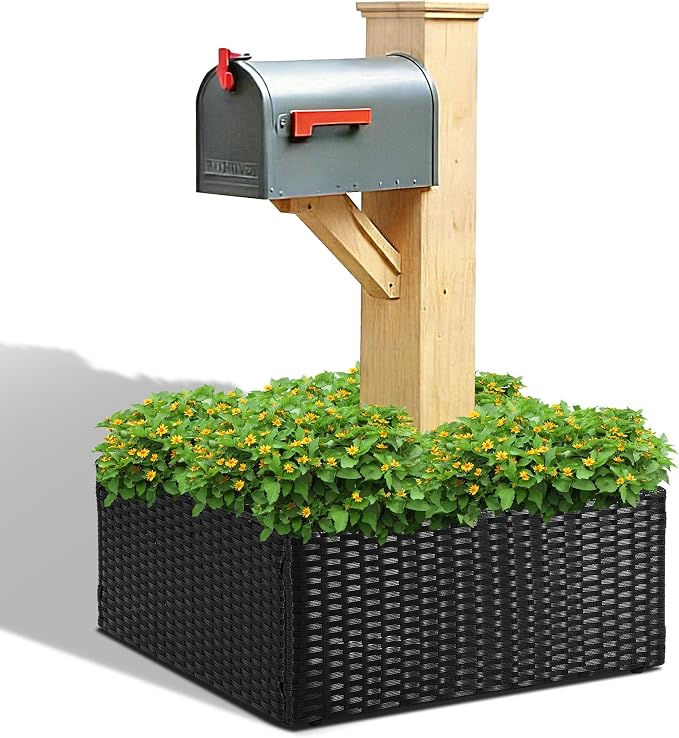 SUNNYPARK Mailbox Post Wrap Planter Box 24x24x12inch | Handmade All-Weather PE Rattan, Easy Assembly, Fits for 4x4 6x6 Posts, Flower Planter Box Decorative for Mailbox Post Outside