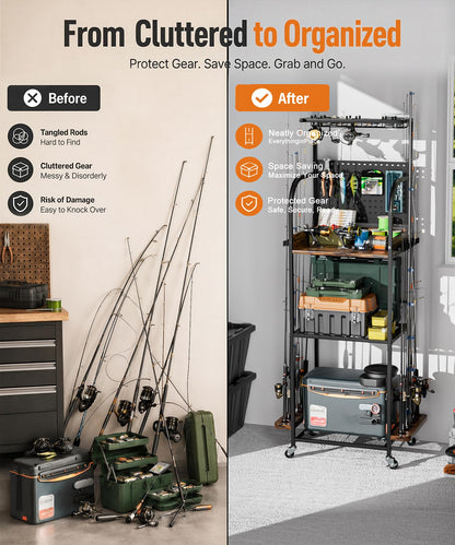 Homde Fishing Rod Holders for Garage: Large Capacity Fishing Equipment Holder up to 12 Rods - Mobile Tackle Storage Cart with Pegboard and Hooks for Tackle Box Organizers and Storage