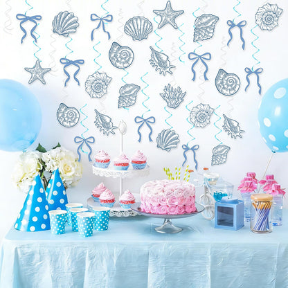 60PCS Blue Bow Starfish Seashell Hanging Swirls Beach Party Decoration Coastal Hanging Streamers for Summer Mermaid Birthday Under the Sea Party Bachelorette Wedding Favors