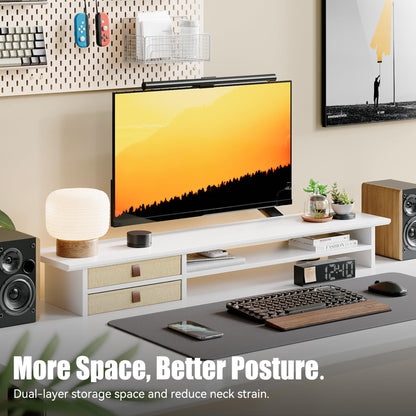 FENSULN Dual‑Tier Monitor Stand Riser with Drawers, Desktop Organizer Shelf Storage for Computer Screen 2 Monitors, Supports for PC Computer Monitor, Printer, Heavy TV Riser White