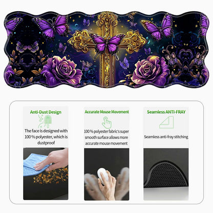 RWUTYTIUL 3-Piece Ergonomic Desk Mat & Cloud Wrist Rest Set, Large 31.5" x 11.8" Wave Office Desk Pad with Memory Foam Support Non-Slip Computer Protector for Home, Gaming, Purple Butterfly Cross