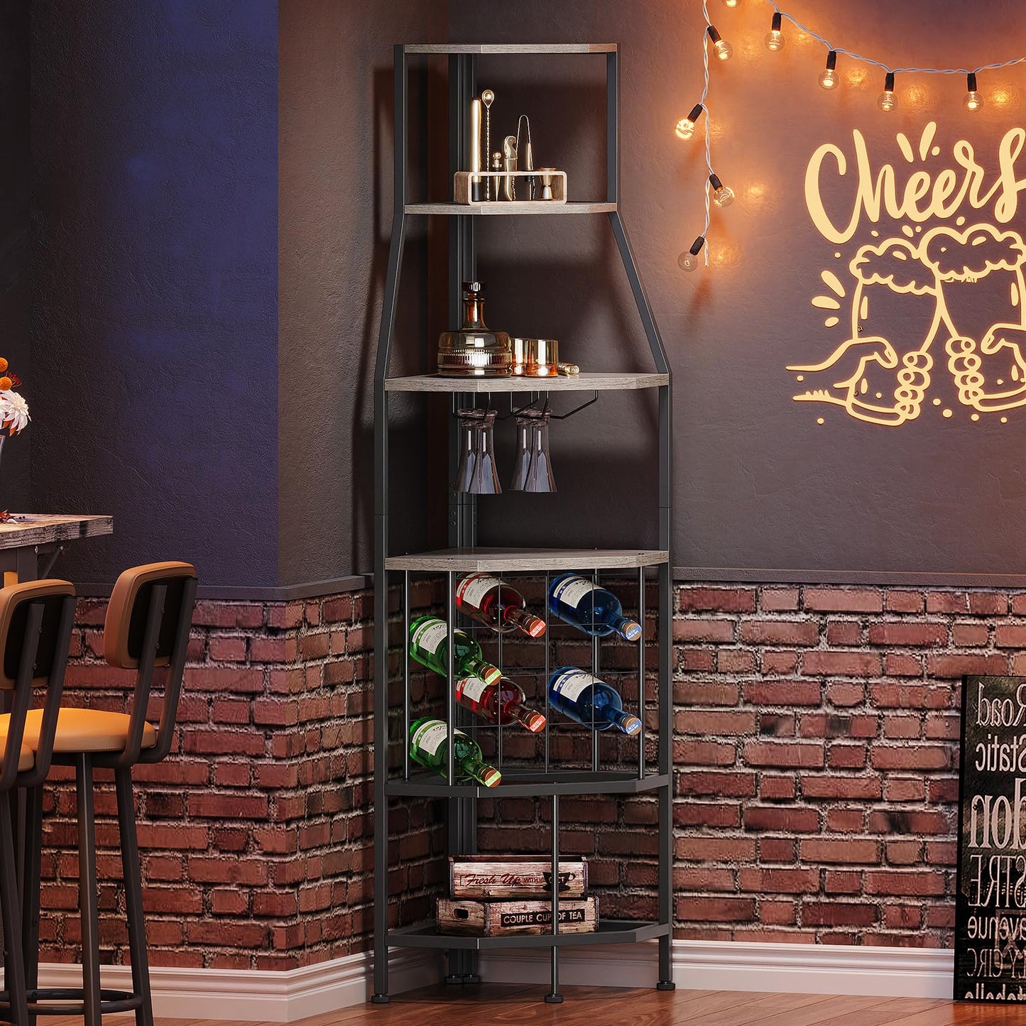 Espelism 5-Tier Corner Wine Rack Floorstanding with Glass Holder and Bottles Wine Storage Home Bar Furniture for Home Kitchen Dining Room Industrial Metal and Wooden Corner Shelf