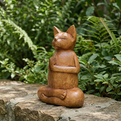 G6 Collection 8" Wooden Hand Carved Siamese Cat Yoga Pose Statue Sculpture Handcrafted Art Decoration Home Decor Accent Decorative Kitty Kitten Figurine Gift Handmade (Fire Log Pose)