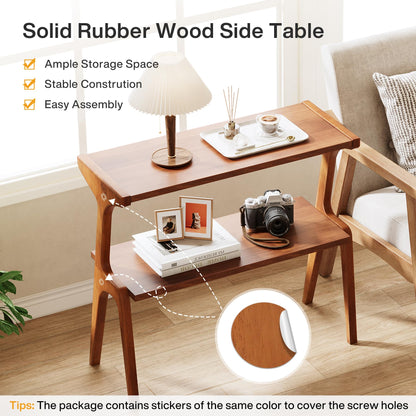 Tribesigns 2-Tier Solid Wood Side Table, Mid-Century Modern End Table with Storage Shelves, Tall Slim Side Table for Couch with Unique Legs, Long Bedside Table for Bedroom, Living Room, Cherry