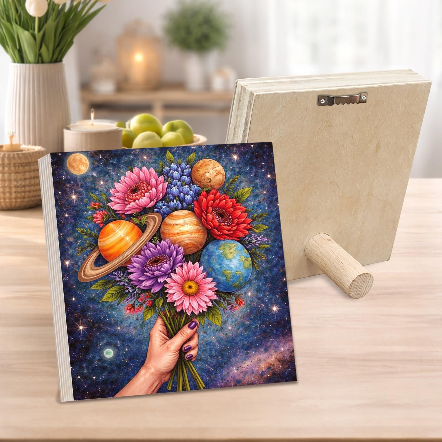 Cosmic Floral Wooden Block Sign, Celestial Flower Bouquet Decor, Galaxy Planet Art Shelf Sitter, Boho Space Table Mantel Tiered Tray Decor Gift for Astronomy Lover