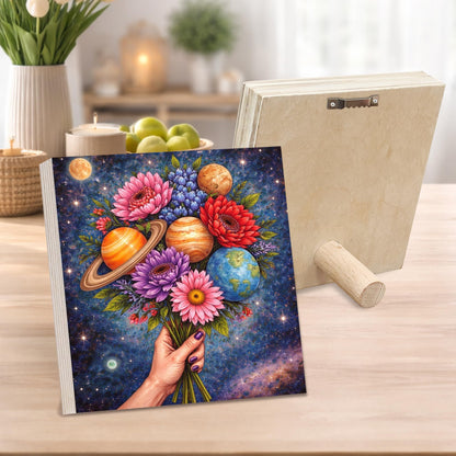 Cosmic Floral Wooden Block Sign, Celestial Flower Bouquet Decor, Galaxy Planet Art Shelf Sitter, Boho Space Table Mantel Tiered Tray Decor Gift for Astronomy Lover