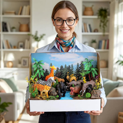 Teyva Daily 48 Pcs Jungle Diorama Kit Habitat Project Box Set Jungles Grassland Diorama Supplies Include Woodland Animal Figures Artificial Trees Fake Rocks with Gift for DIY Crafts Birthday Gifts