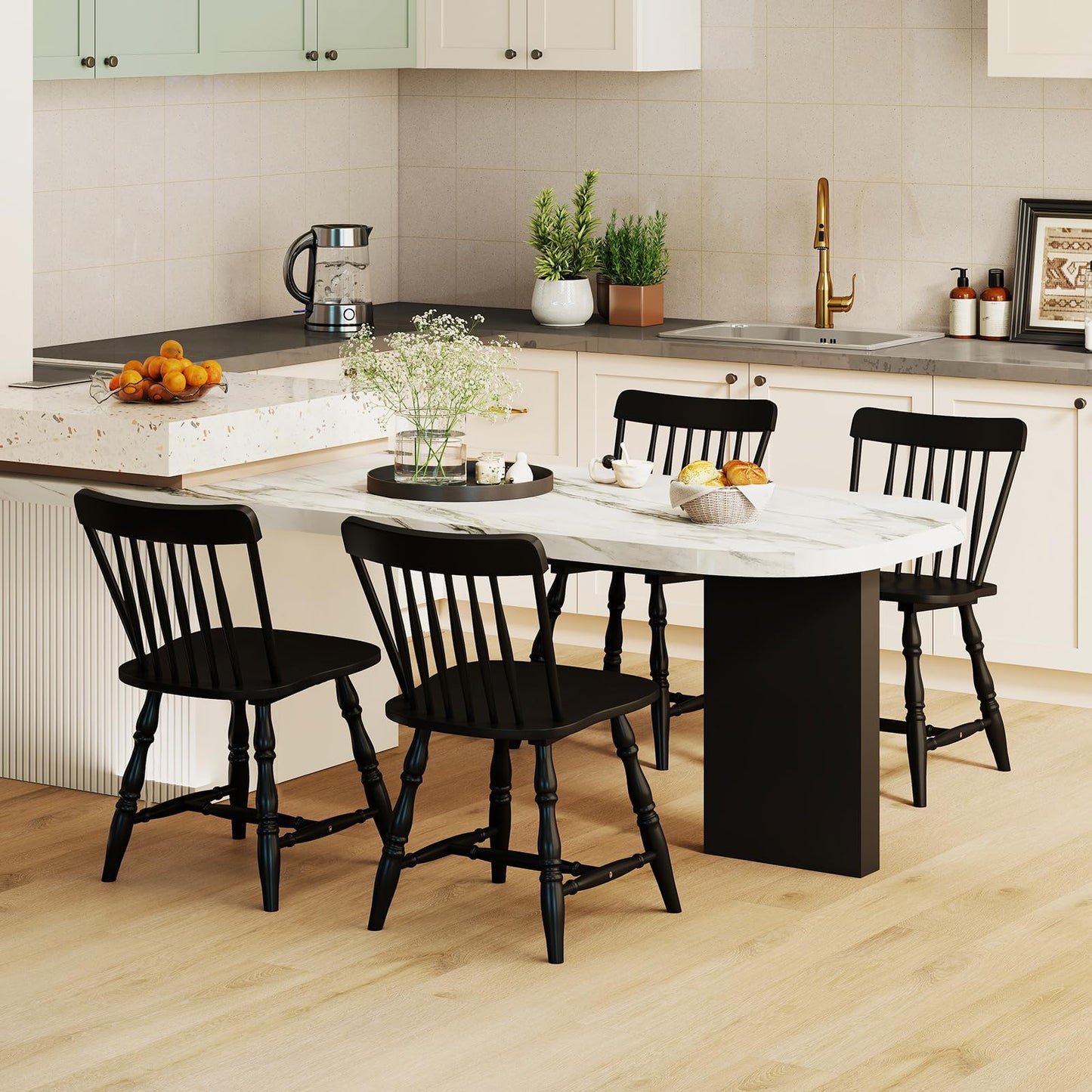 Giantex Black Windsor Dining Chairs Set of 2, Farmhouse Rubber Wood Kitchen Chairs with Turned Legs, Curved Spindle Back & Contoured Sat, Wooden Dining Room Chair for Living Room Restaurant