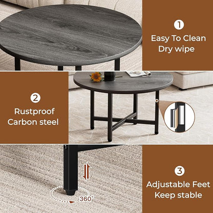 Coffee Table, 23.6" Small Coffee Tables, Gray Round Coffee Tables for Living Room, Floor Table for Sitting on The Floor, Center Coffee Table with Metal Frame for Office Apartment Home
