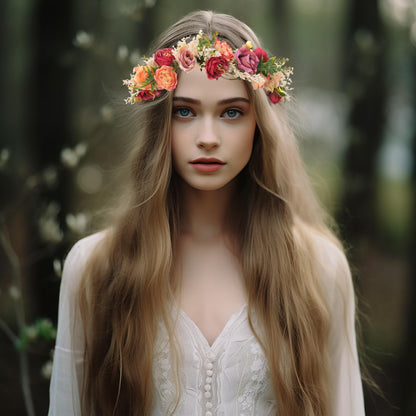 Vivivalue Rose Flower Crown Boho Flower Headband Hair Wreath Floral Headpiece Halo with Ribbon Wedding Party Festival Photos Pink
