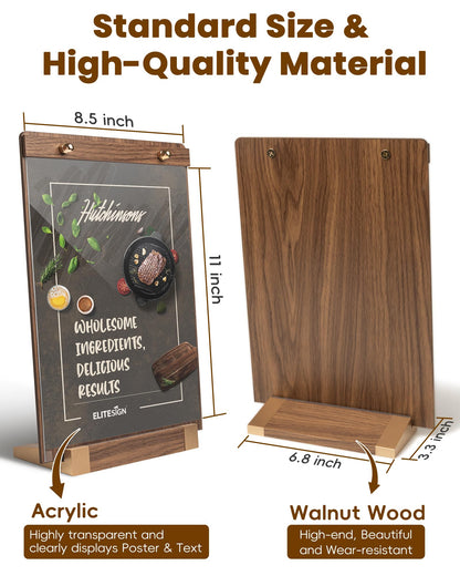 EliteSign 1PK Acrylic Sign Holder 8.5 x 11 with Walnut Wood Base, Clear Plastic Commercial Display Stand for Menu, Poster, Flyer, Table Paper Frame for Restaurant, Office, Store, Bar, Wedding