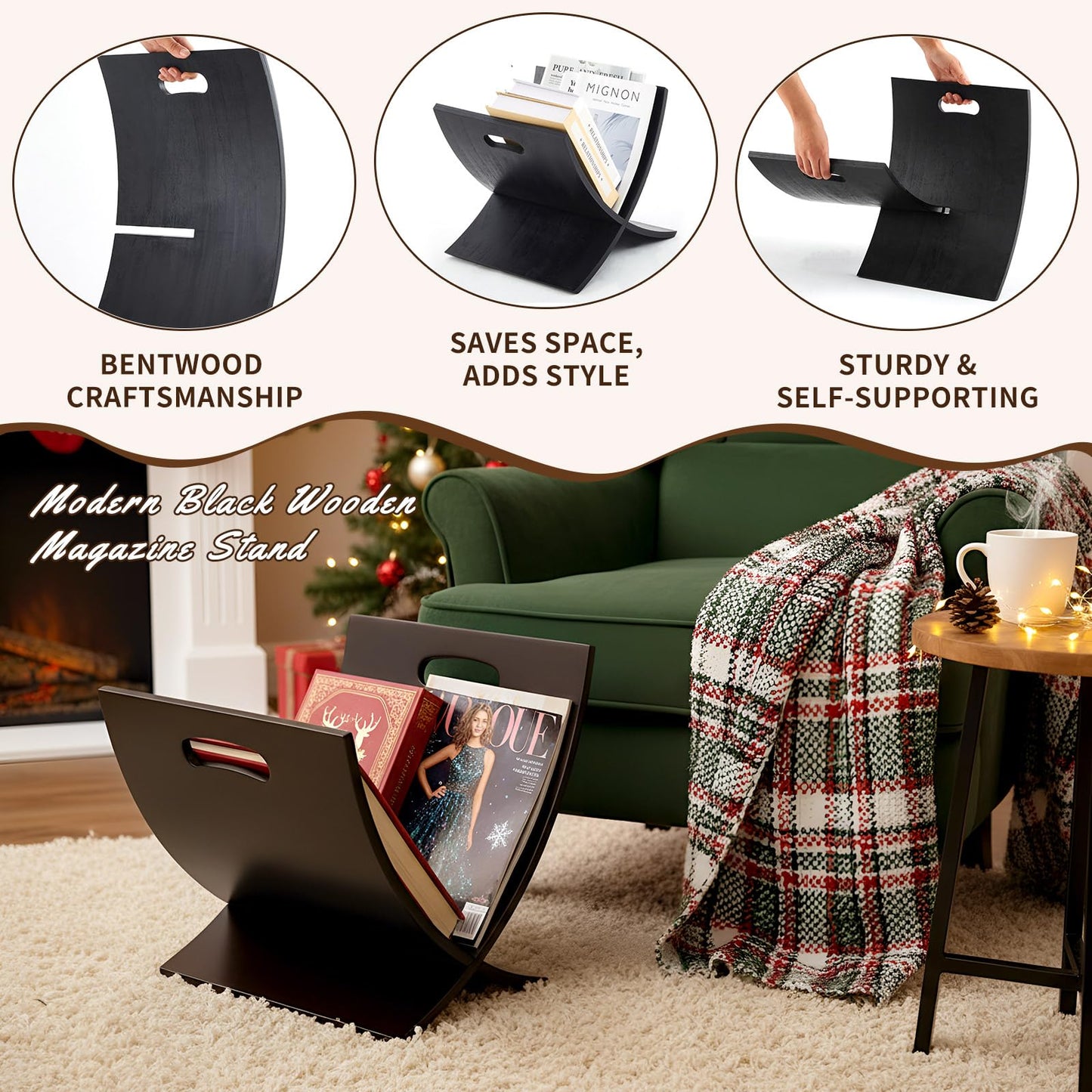 AceOrbit Black Freestanding Wooden Magazine Rack Vertical Floor Magazine Display Bathroom Newspaper Holder Stand for Home, Bathroom, Office, Bedroom, Living Room