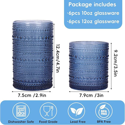 Moretoes Hobnail Drinking Glasses, 12 Piece Blue Water Glass Cups, Mixed Vintage Glassware Set, 6pcs 12oz Highballs and 6pcs 10oz Old Fashioned Glasses, Great for Cocktail, Whisky and Other Beverages