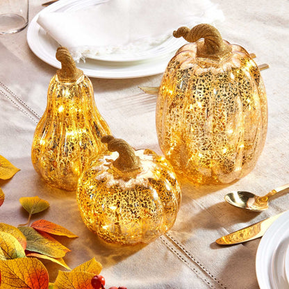 Gold Glass Pumpkin with Lights - Set of 3, Mercury Glass Style, Batteries Included, Thanksgiving Harvest Decorations, Timer, LED Lighted Gold Pumpkins for Decorating Fall