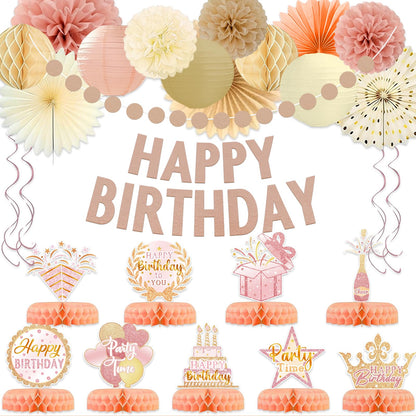 Birthday Party Decorations, Champagne Gold Beige Fall Boho Girl Birthday Decor, Rustic Backdrop Decor Autumn Neutral Retro Happy Banner with Paper Streamers Lanterns, Tissue Pom Poms Fan