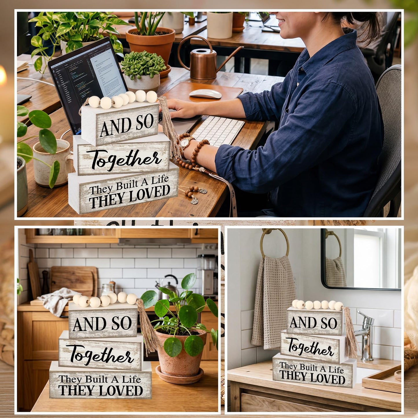 4 Pcs Farmhouse Home Decoration Wooden Tabletop and So Together They Built a Life They Loved Decor Motivational Tiered Tray Decor Rustic Block Sign Retro Bead Garland Table Centerpiece for Shelf Desk