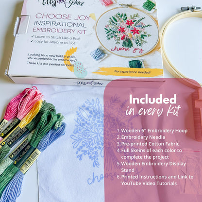 Elly & Grace Christian Embroidery Kit with Embroidery Hoop, Easy Embroidery Kit for Beginners and Adults, Full Embroidery Hoop Kit with Needles and Thread Included (Choose Joy)