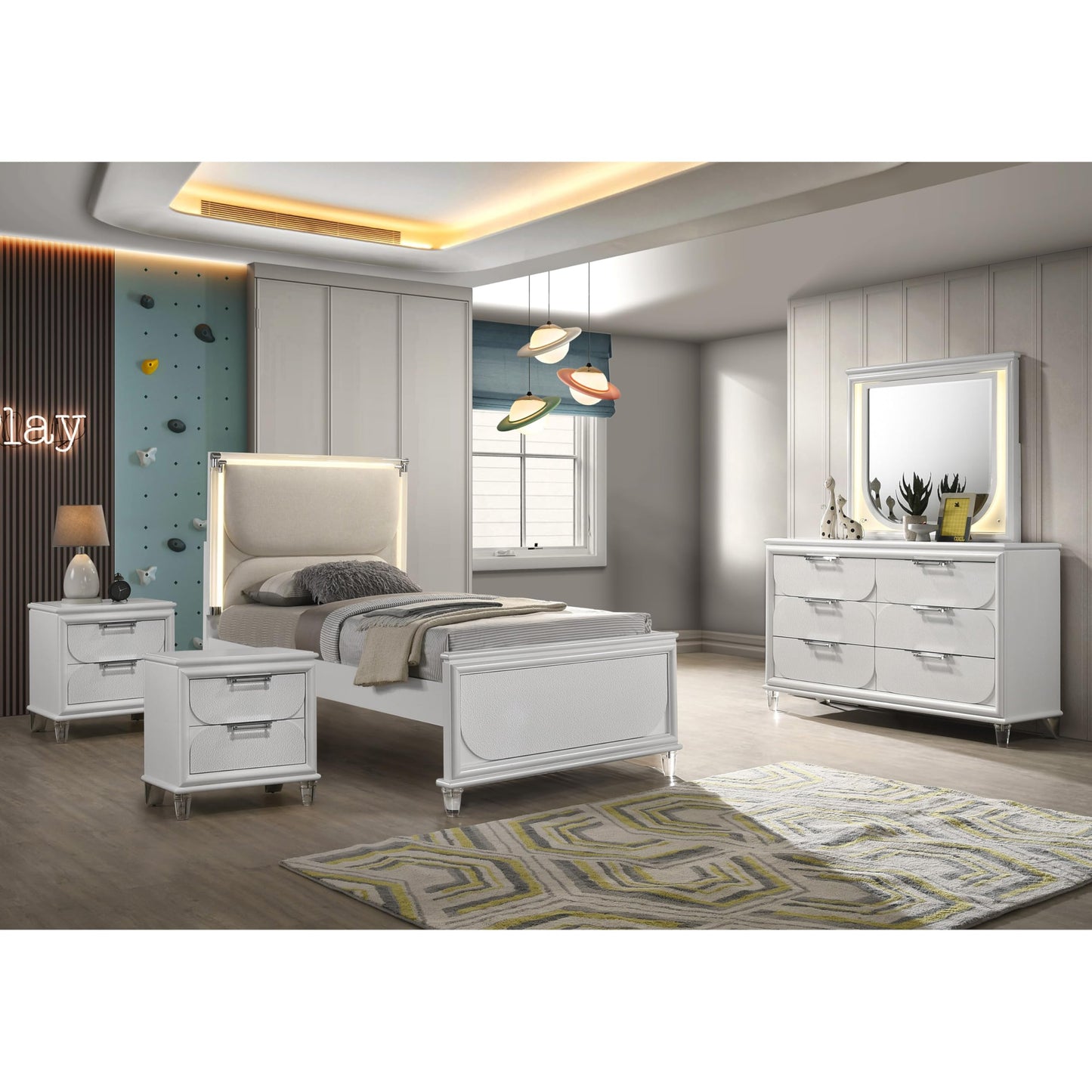 Furniture of America Leila Modern Wood 5-Piece Kids Bedroom Set with LED on Headboard and Mirror, Embossed Panels, Hidden Jewelry Tray, Felt-Lined, No Box Spring Needed, Twin, Pearl White