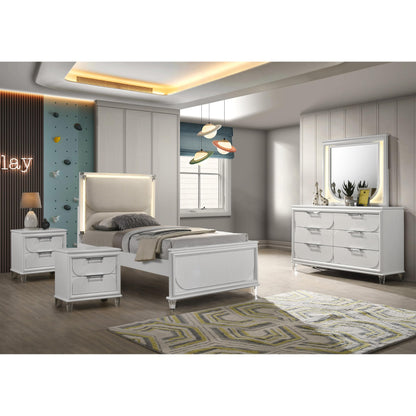 Furniture of America Leila Modern Wood 5-Piece Kids Bedroom Set with LED on Headboard and Mirror, Embossed Panels, Hidden Jewelry Tray, Felt-Lined, No Box Spring Needed, Twin, Pearl White