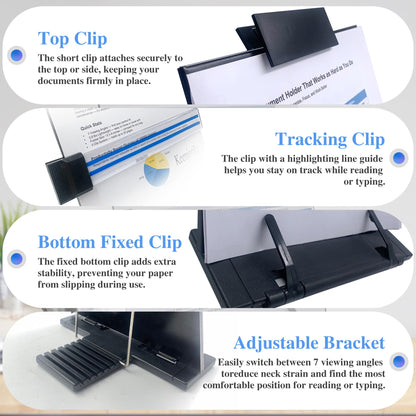 Keenjorika Desktop Document Book Holder with 7 Adjustable Positions, Black Document Holder for Desk, Paper Holder Copy Stand Holder for Speech, Paper Holder Stand for Desk Typing, Angle Adjustable