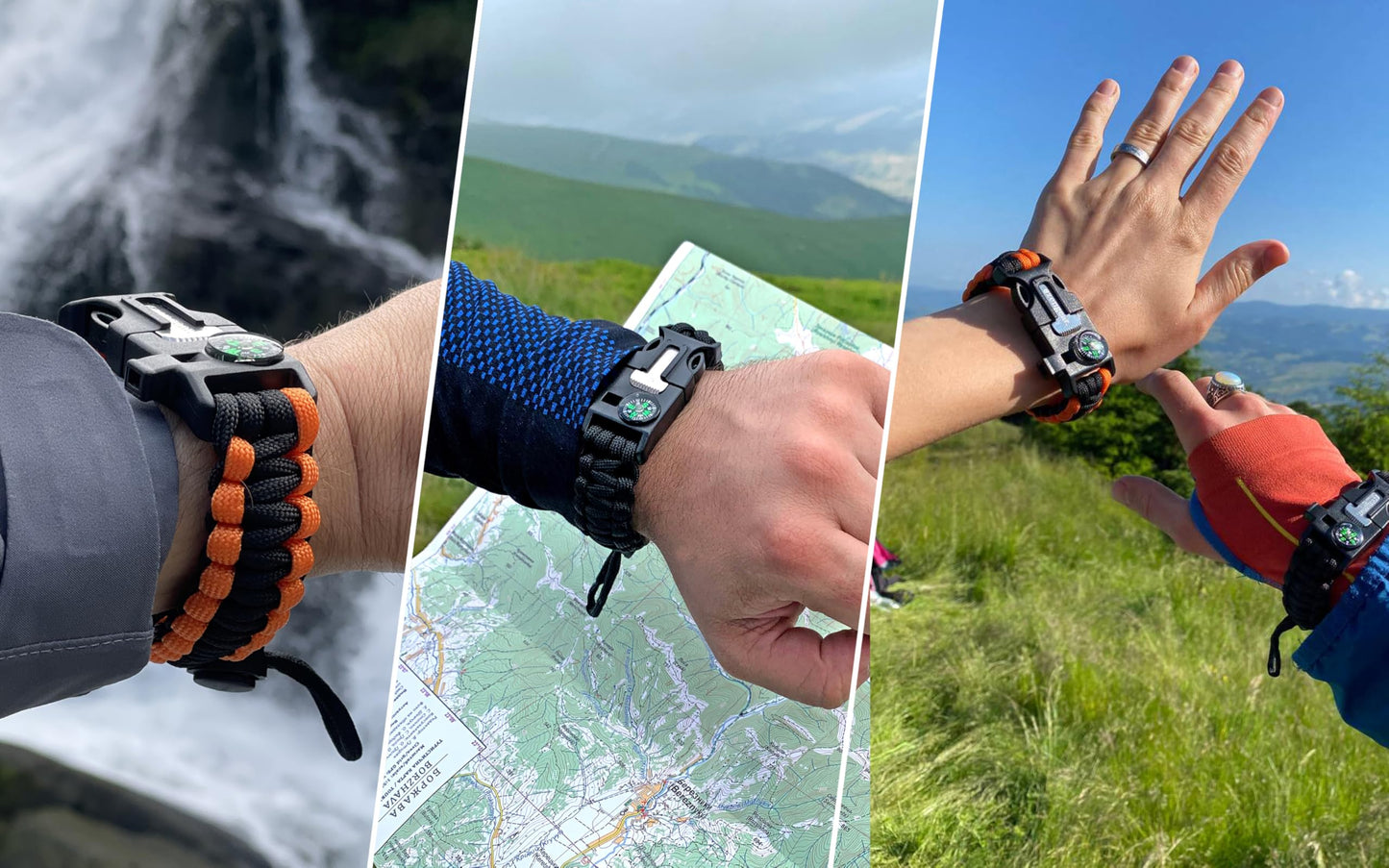 aZengear Paracord Survival Bracelet (2 Pack) | Flint Steel Fire Starter, Whistle, Compass, Mini Saw | Adjustable Wrist Band Size for Camping, Bushcraft, Emergency Kit (Black & Orange)