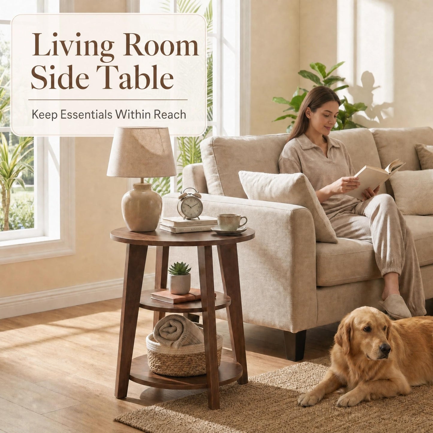 DURISEN 3-Tier Round Side Table,23.6" Tall End Table with Storage Shelves