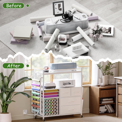 VENNQD Large Craft Organizer and Storage Rolling Cart Compatible with Cricut Machine with Fabric Drawers Vinyl Roll Holder Accessories for Home Craft Workstation Room (White)