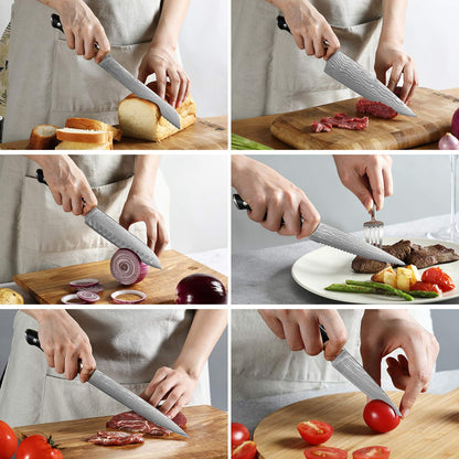Kitchen Damascus Knife Set, 15 Pieces Kitchen Knife Set with Block, ABS Ergonomic Handle for Chef Knife Set, Knife Sharpener, Kitchen Shears, Natural Wooden Block and Bamboo Drawer Organizer, Gift Box