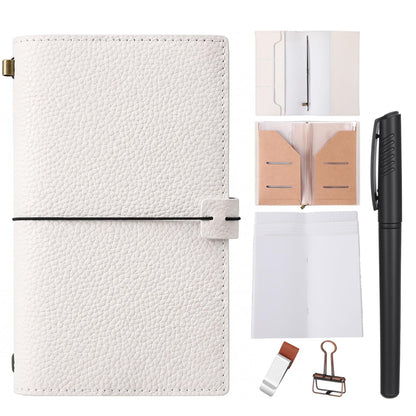 Eaasty Regular Size Travelers Refillable Leather Journal Notebook with Pocket 4.9"x8.6" Handmade Travel Diary for Men Women with 3 Notebook Inserts Kraft File Folder, Pen Holder and Binder Clip(White)